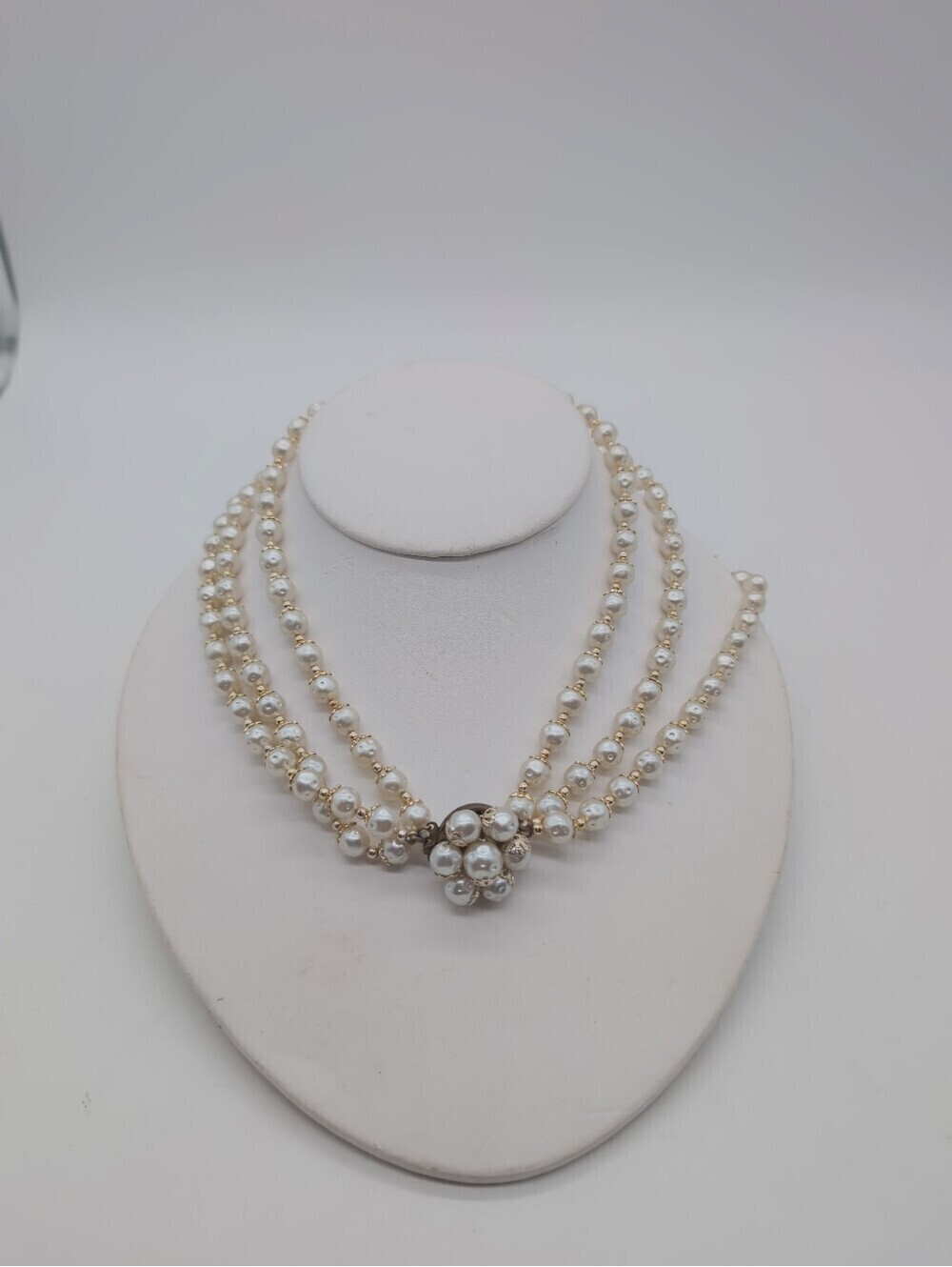 Vintage Faux Pearl Trio-Strand Necklace with Floral Clasp Japan 17" Filigree